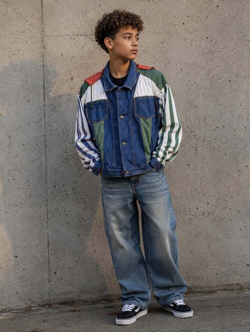 Vintage J. Stone Line 7 Denim Jacket 14/16 Colorblock Striped Hood Y2K 90s